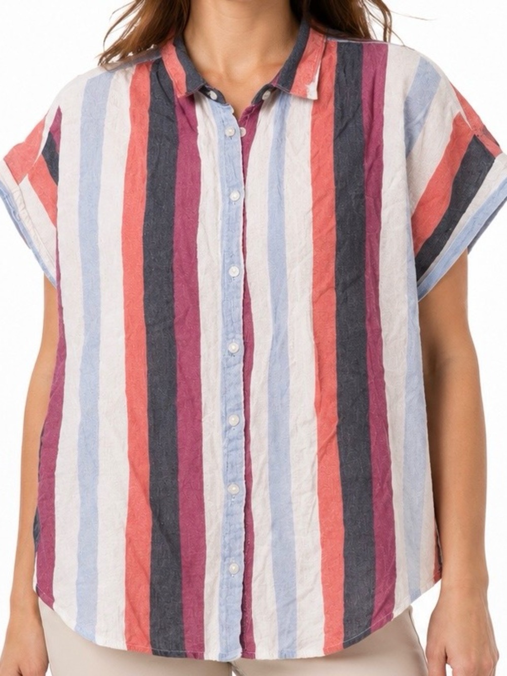 Time and Tru Striped Button-Front Shirt in Coral, Navy, Light Blue, White & Plum